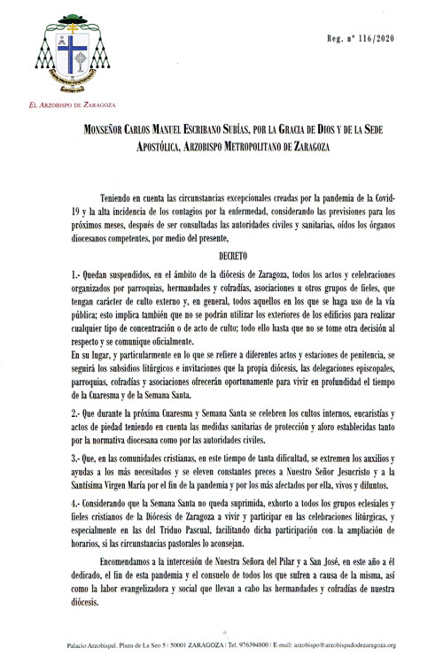 Decreto del Arzobispo de Zaragoza Decreto del Arzobispo de Zaragoza