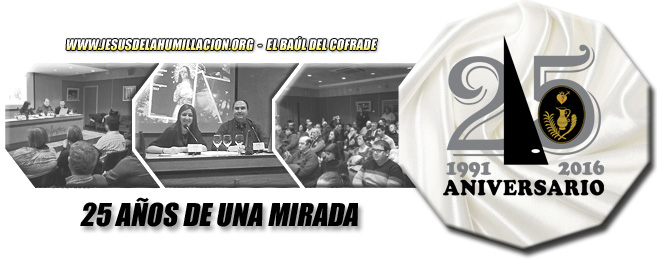 Fotografía principal: logotipo del 25º Aniversario fundacional de la Cofradía (diseño de la familia García Sampietro). Fotografías secundarias: diferentes instantáneas del desarrollo de la conferencia en la sala "Ambito Cultural" de "El Corte Inglés" (fotografías de José Ignacio Giménez y Junta Coordinadora de Cofradías).