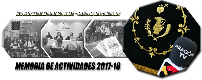 Fotografía principal: Exposición conmemorativa de nuestro 25 aniversario fundacional celebrada en el Centro Joaquín Roncal de la Fundación CAI-ASC desde el 11 al 25 de febrero de 2016 (fotografía de Jorge Sesé). Fotografías secundarias: La Cofradía en la visita realizada a la "Residencia ZAR Zalfonada" (fotografía de Sergio Herrero); fotografía de familia en el altar mayor de San Felipe con los hermanos fundadores de la Cofradía a los que se les impuso la "insignia de plata" por su pertenencia a la misma durante 25 años de forma ininterrumpida (fotografía de Mario Gambra); participación de la Cofradía en la procesión del Santo Entierro marcada por las inclemencias climatológicas (fotografía de David Beneded). 