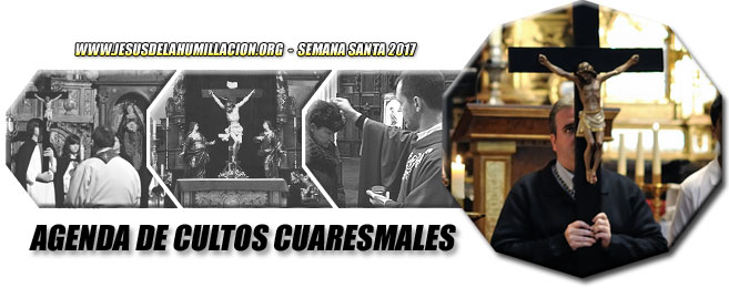 Fotografía principal: el "Santo Crucifijo" de la Cofradía portado durante uno de los "Vía Crucis" celebrados en la Parroquia de San Felipe (fotografía de César Catalán). Fotografías secundarias: otro de los momentos de uno de los "Vía Crucis" cuaresmales en la Parroquia (fotografía de César Catalán); El grupo del "Calvario", una de las obras cumbre de Ramírez de Arellano, presidiendo el Altar Mayor de la Parroquia durante toda la Cuaresma del año pasado (fotografía de Óscar Puigdevall); El párroco y consiliario de la Cofradía, Sergio Blanco, durante la ceremonia de la "Imposición de la Ceniza" con la que se iniciar la Cuaresma (fotografía de la Cofradía de Ntra. Sra. de la Piedad y del Santo Sepulcro).