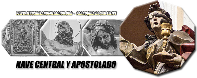 Fotografía principal: imagen de San Juan Evangelista, una de las sobresalientes esculturas del apostolado que tallara José Ramírez Arellano (fotografía de David Beneded). Fotografías secundarias: escena de la "Resurrección del Señor" tallada en el púlpito de estilo rococó (fotografía de David Beneded); otro de los apóstoles de Ramírez de Arellano, en este caso "San Andrés" con su características cruz aspada (fotografía de David Beneded); imagen de Cristo crucificado bajo la advocación de "Cristo del Perdón" (fotografía de Tomás Vela).