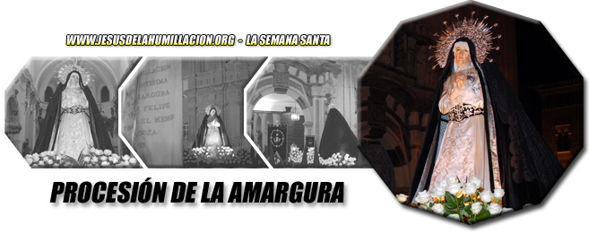 Fotografía principal: paso de “María Santísima de la Amargura” durante su salida procesional (fotografía Jorge Sánchez). Fotografías secundarias: diferentes momentos de la procesión: la Virgen en el interior de la Parroquia de San Felipe, celebración del “Acto de la Amargura” en la Plaza de San Roque y retorno de la procesión a nuestra sede canónica (fotografías de Pedro Lobera).