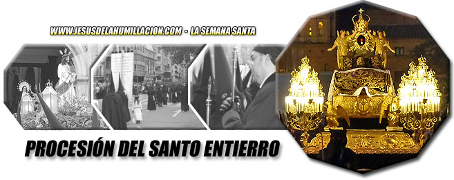 PROCESIÓN DEL SANTO ENTIERRO - Fotografía principal: el “Santísimo Cristo de la Cama”, durante la procesión del “Santo Entierro”, concretamente la del año 2017 cuando se conmemoraba el cuarto centenario de la primera salida documentada de dicha procesión (fotografía de David Beneded). Fotografías secundarias: salida de nuestros titulares para incorporarnos al “Santo Entierro”, única procesión en la que ambos pasos salen juntos (fotografía de Mario Gambra); guión de la Cofradía tras la imagen titular de la Cofradía del Santísimo Ecce Homo y Nuestra Señora de las Angustias (fotografía de Jorge Sánchez); el Cetro de nuestra Cofradía tratando sobre el discurrir de nuestra participación en la procesión con un hermano receptor de la Hermandad de la Sangre de Cristo (fotografía de David Beneded).